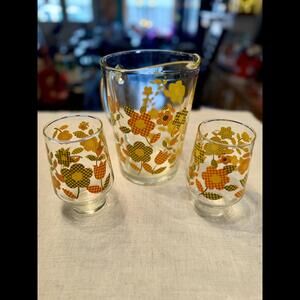 Vintage Checkerboard Gingham Daisy Pitcher and Glass Set